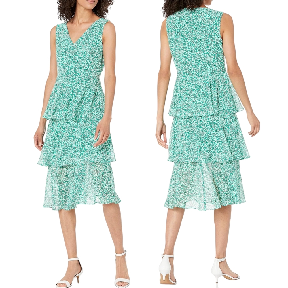 Nine West | Parrot Ivory Multi Floral Tiered Dress Size 16